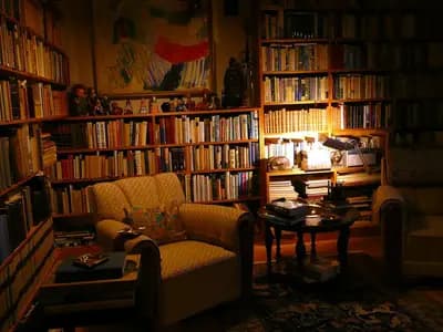 small home library reading corner