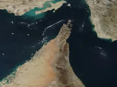 Satellite view of the Strait of Hormuz between Iran and the Musandam Peninsula