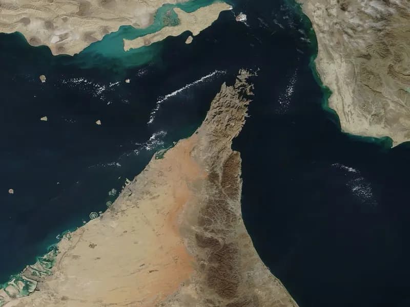 Satellite view of the Strait of Hormuz between Iran and the Musandam Peninsula
