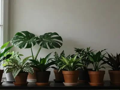 Potted houseplants arranged near an interior window