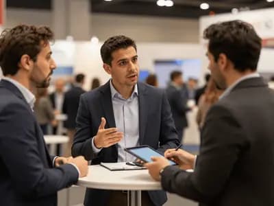Two people in conversation at a trade show stand, with the exhibition hall behind them