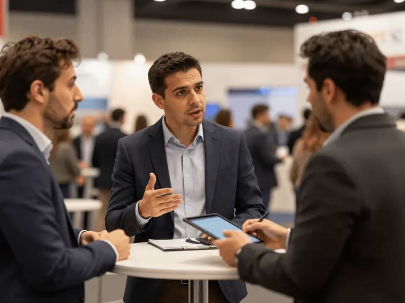 Two people in conversation at a trade show stand, with the exhibition hall behind them