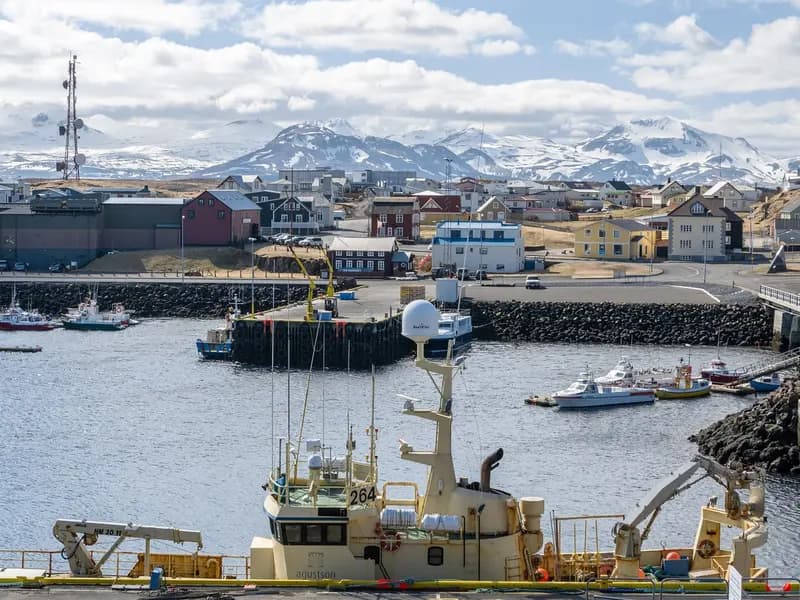 Fishing vessels tied up in the harbour at Stykkisholmur in western Iceland, with snow still on the mountains behind