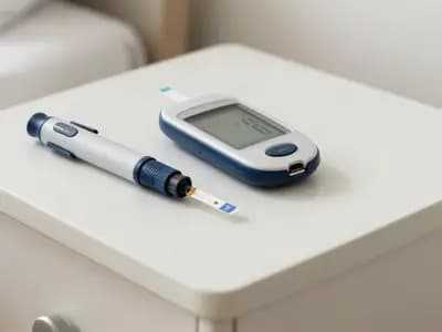 An insulin pen and glucose meter on a bedside table