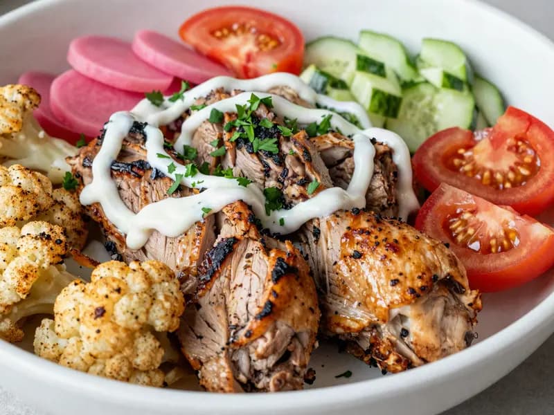A shawarma bowl of spiced chicken and roasted cauliflower with garlic sauce