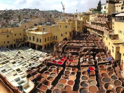 The stone vats of the Chouara tannery in Fez, filled with dye and tanning liquor, seen from the terraces above with the medina beyond