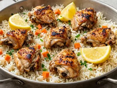 A pan of lemon chicken and rice scattered with herbs