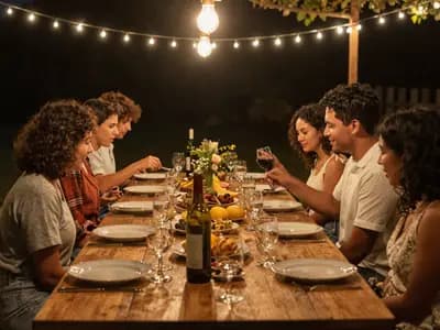 A long outdoor table set for a shared meal under string lights