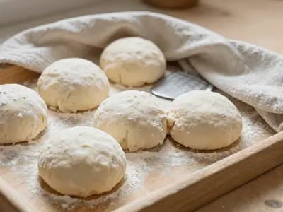 Six balls of soft flatbread dough resting under a cloth on a lightly floured tray