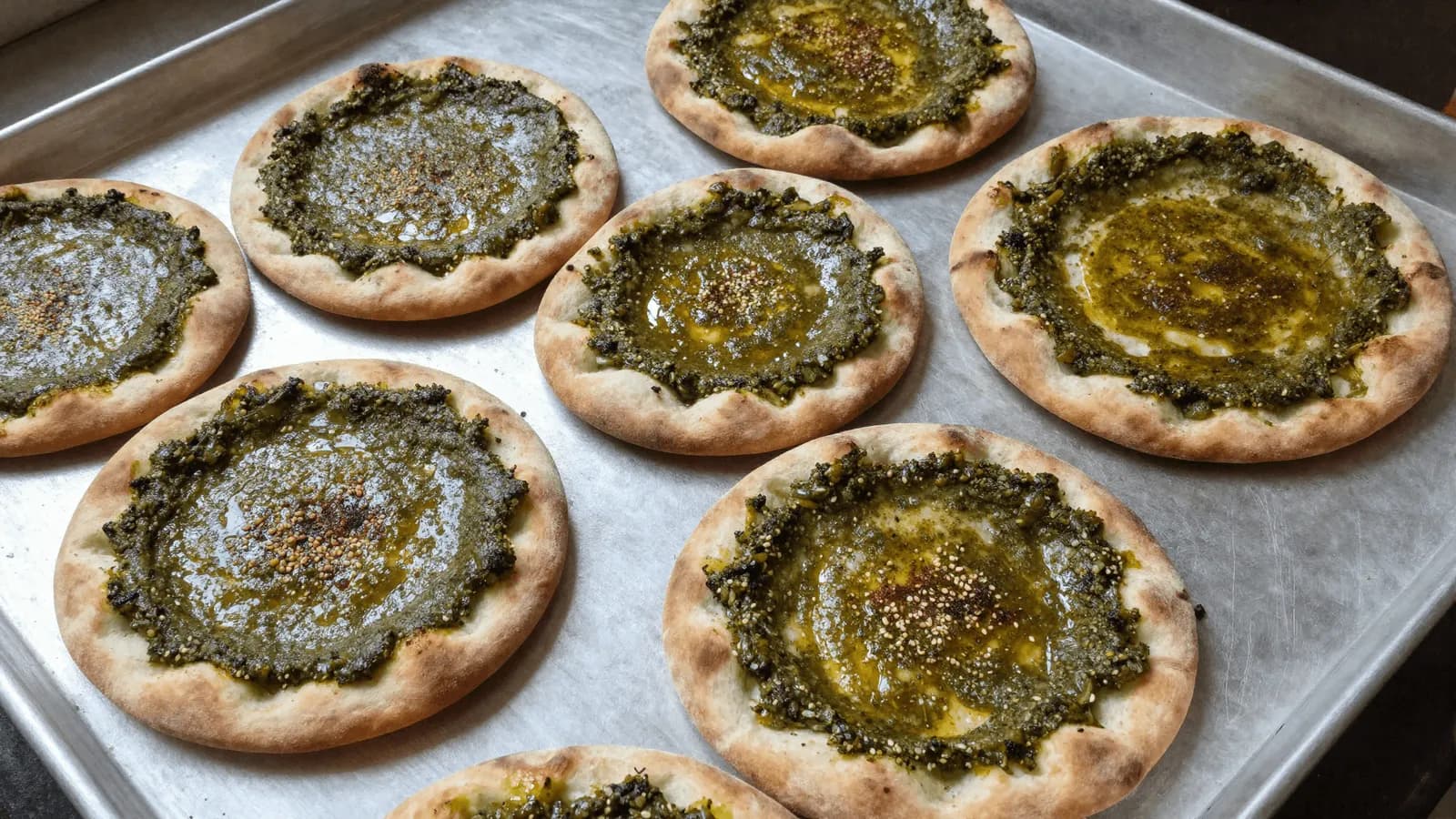 Round za'atar flatbreads fresh from the oven, the dark green herb paste glossy across the dimpled dough