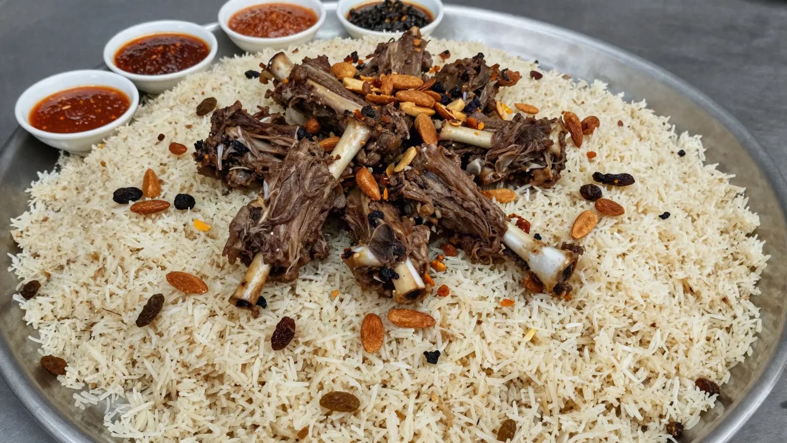 A large communal platter of spiced rice topped with slow cooked lamb and fried nuts