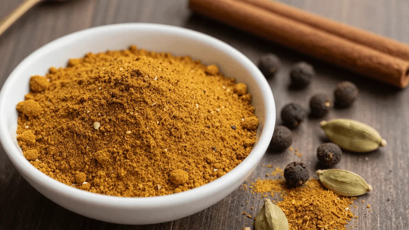 A small bowl of warm brown-gold ground spice blend beside whole allspice berries and a cinnamon stick