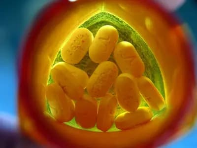 White generic medication tablets spilling out of an orange prescription bottle onto a clinical countertop