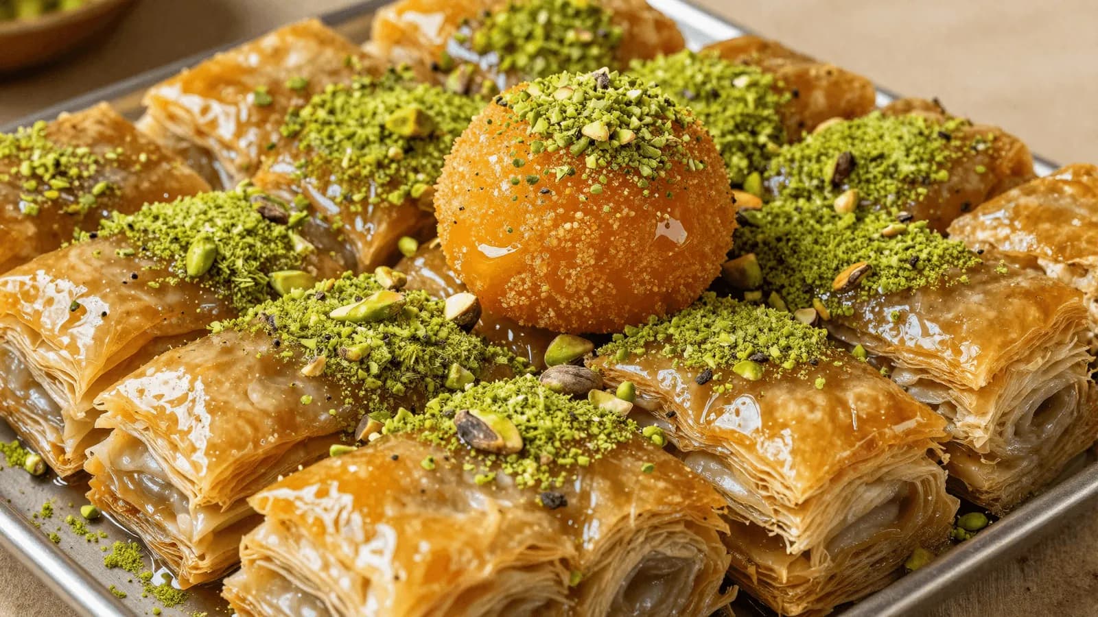 A tray of Middle Eastern sweets glossy with syrup and topped with crushed pistachios