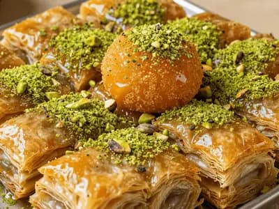 A tray of Middle Eastern sweets glossy with syrup and topped with crushed pistachios