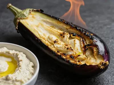 A whole aubergine blackening over a flame beside a bowl of smoky aubergine dip