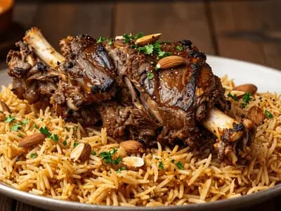 Slow-cooked lamb shoulder resting on a platter of spiced rice