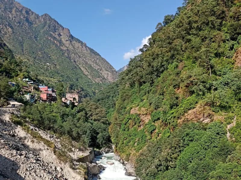 The Bhote Koshi river running through a steep forested gorge near the China border at Tatopani in Nepal
