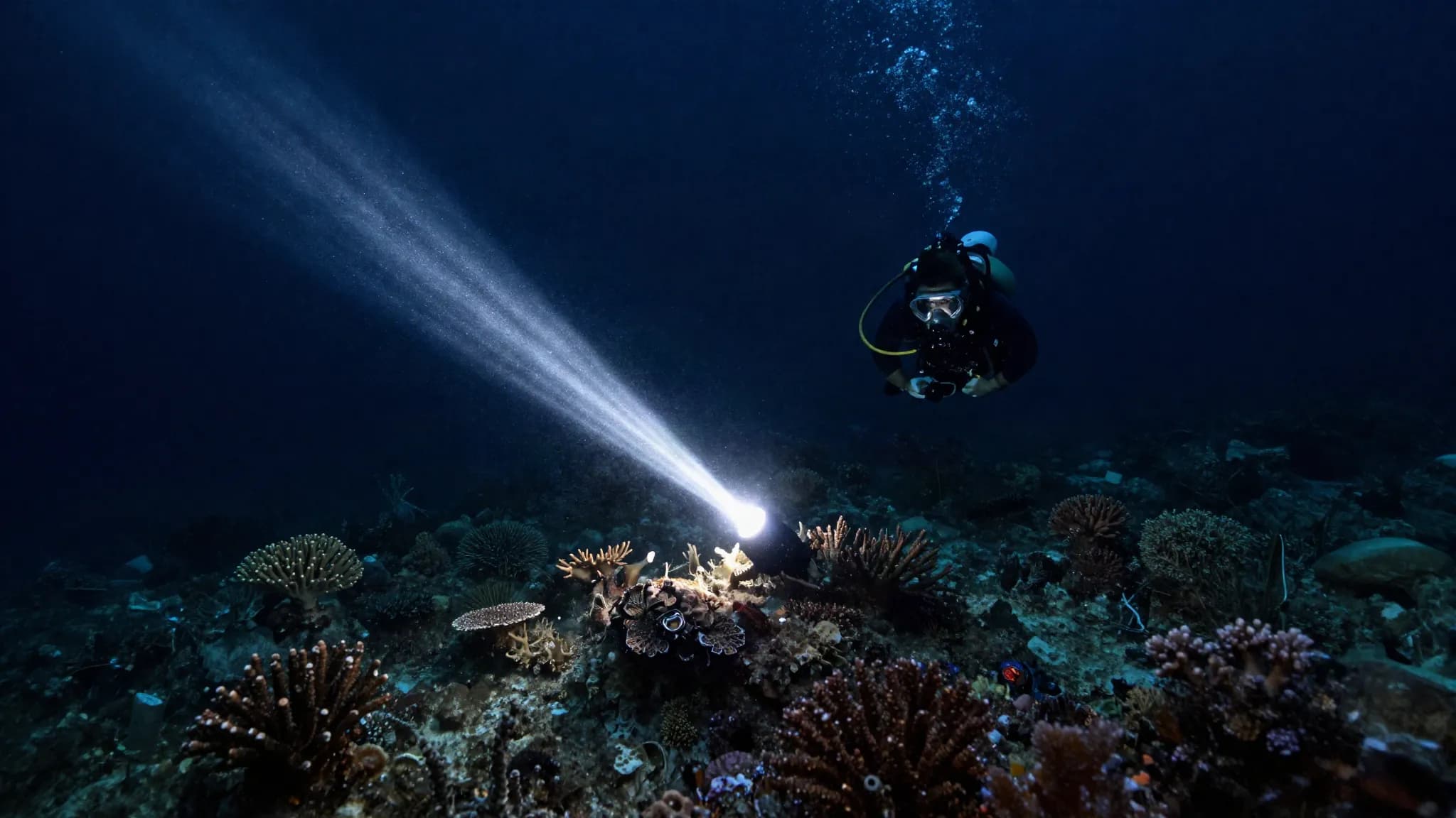 A diver's torch beam lighting a patch of reef in dark water