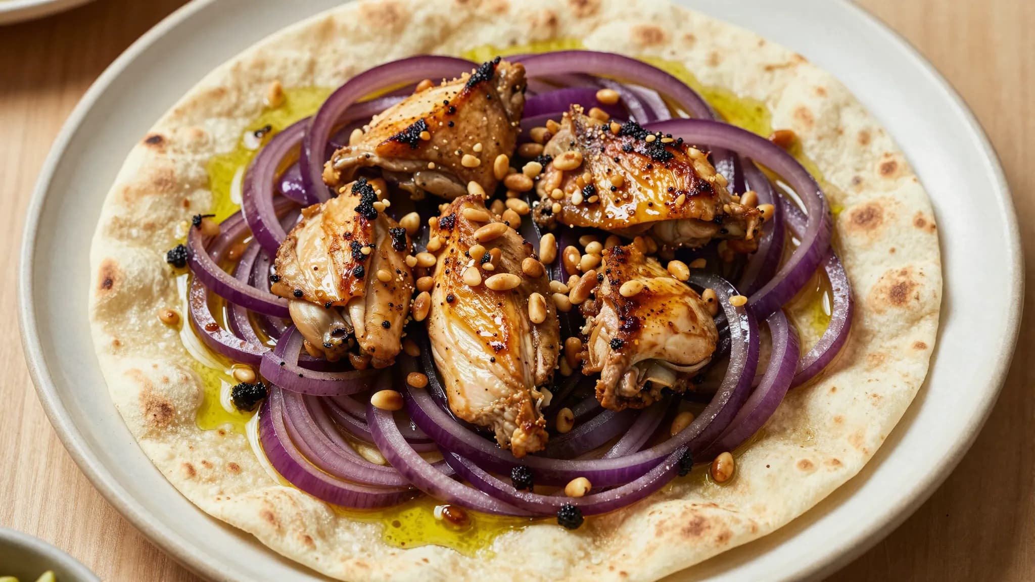 A platter of musakhan, roast chicken over sumac onions and flatbread