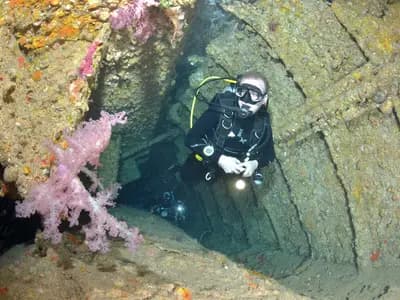 A technical diver equipped with staged cylinders preparing to descend near a wreck