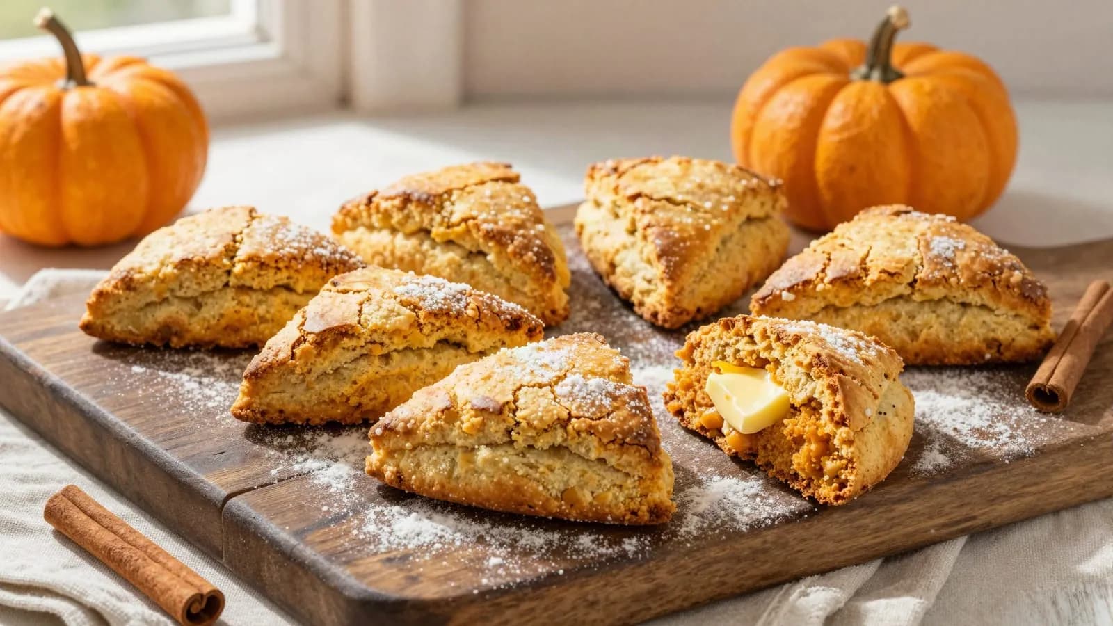 An AI-generated illustration of pumpkin spice scones on a wooden board, warm from the oven with a demerara sugar crust