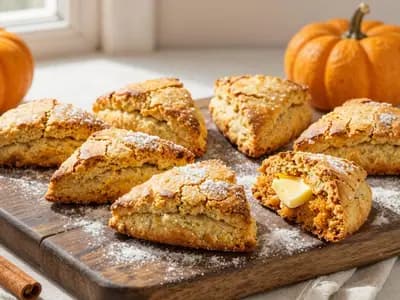 An AI-generated illustration of pumpkin spice scones on a wooden board, warm from the oven with a demerara sugar crust