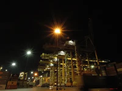 Container ship loaded with cargo, viewed from a Gulf port with cranes in the background