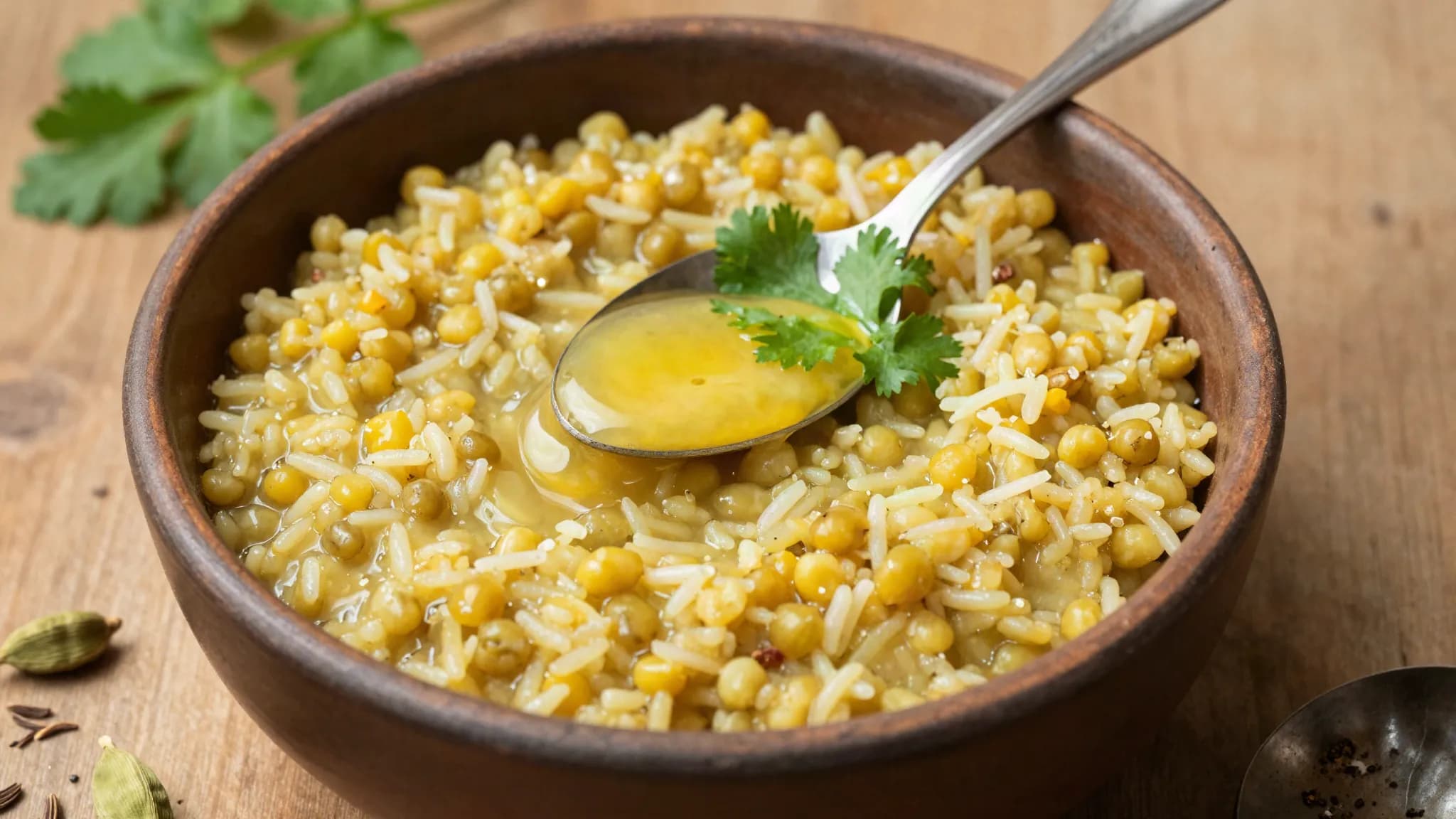 A bowl of golden kitchari topped with melting ghee and coriander