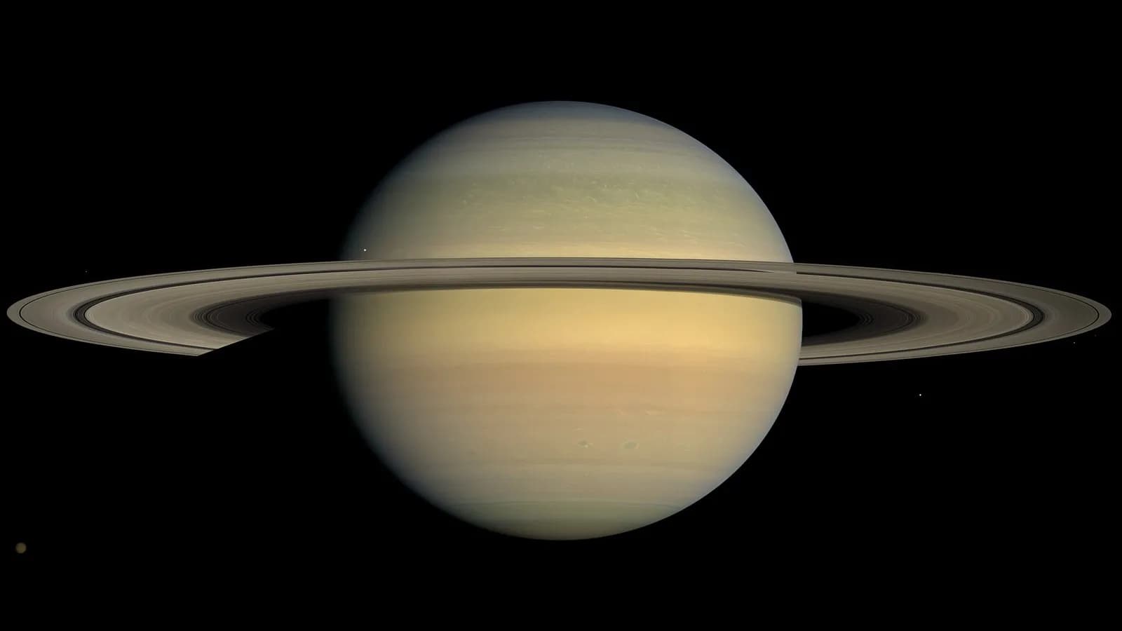 Saturn and its rings in natural colour, imaged by the Cassini spacecraft. The new decagon at the south pole is not visible in this view