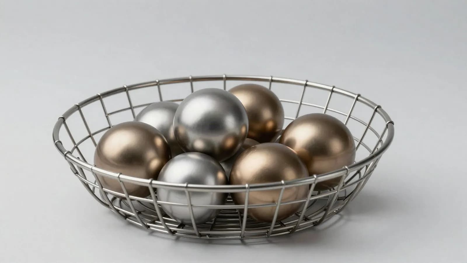 Editorial illustration of a wire basket holding polished metal spheres of different sizes