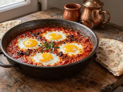 A pan of shakshuka with eggs set in a deep red pepper and tomato sauce