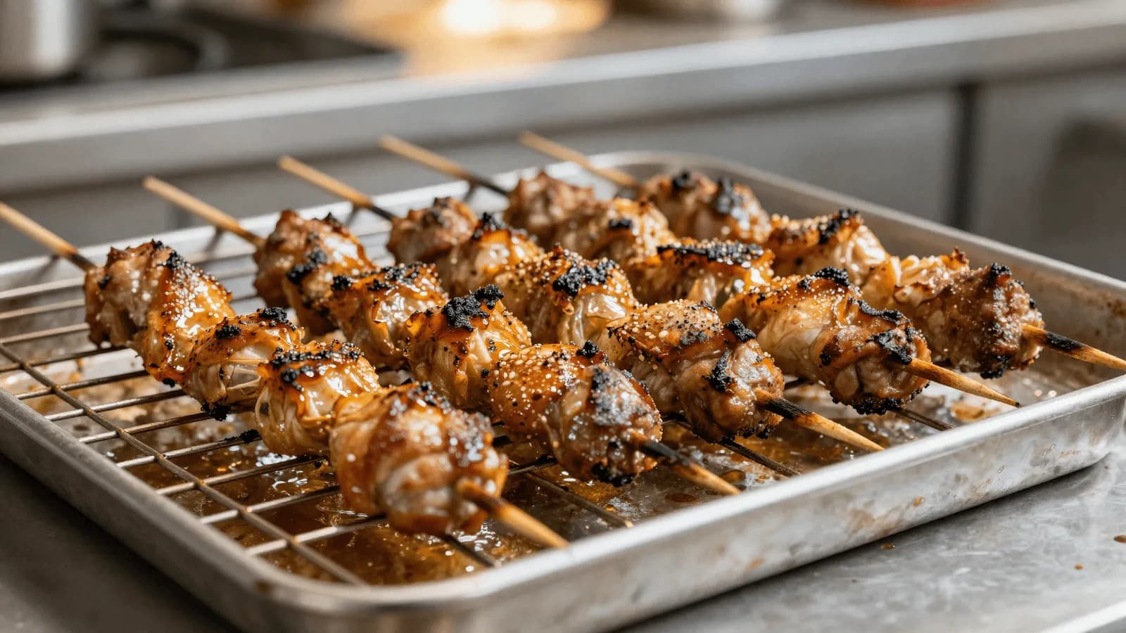 Chicken skewers on a wire rack over a baking tray, browned and blistered from the oven