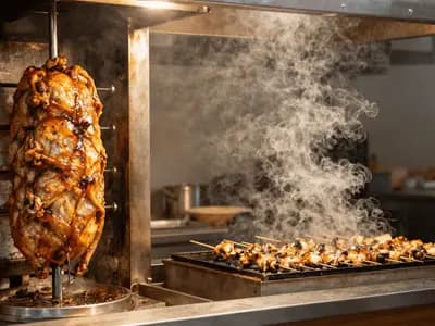 A vertical shawarma spit turning beside a charcoal grill of chicken skewers