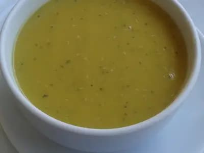 A bowl of red lentil soup, mercimek corbasi, as served in Turkey