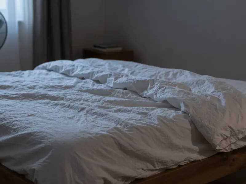 A bed made with light linen sheets in a dim bedroom at night