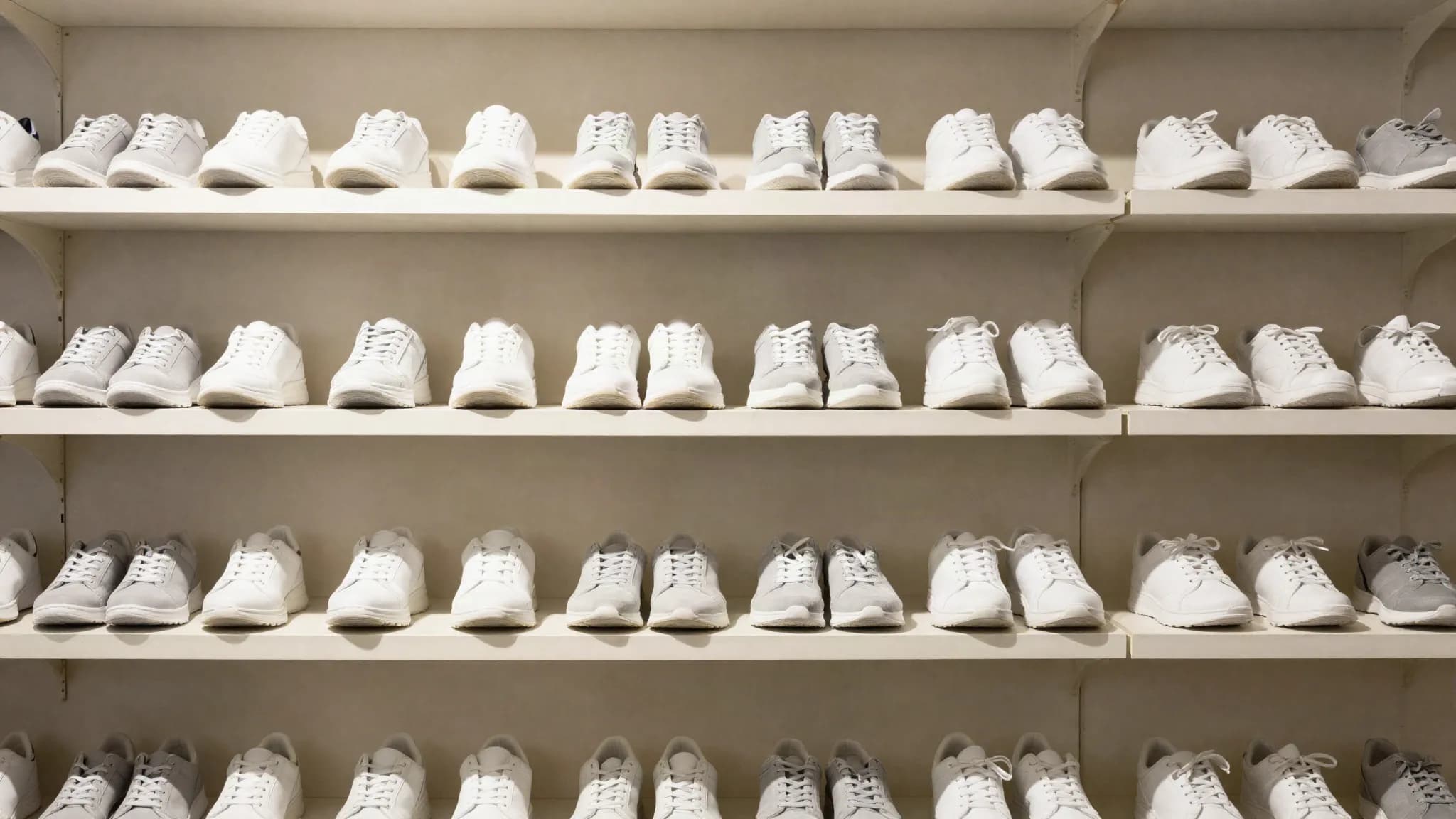 Unbranded sneakers on quiet retail shelving
