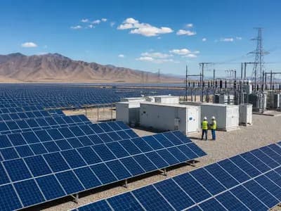 A solar farm connected to transmission lines and battery storage