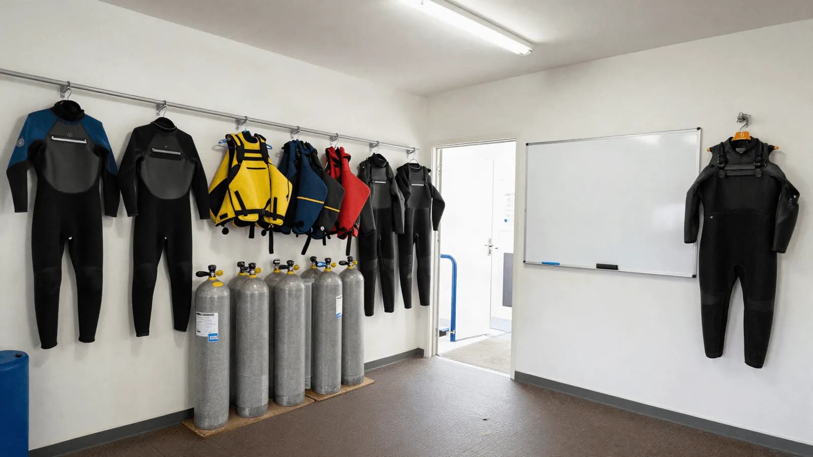 A dive centre briefing area with rental equipment racked behind a group of students