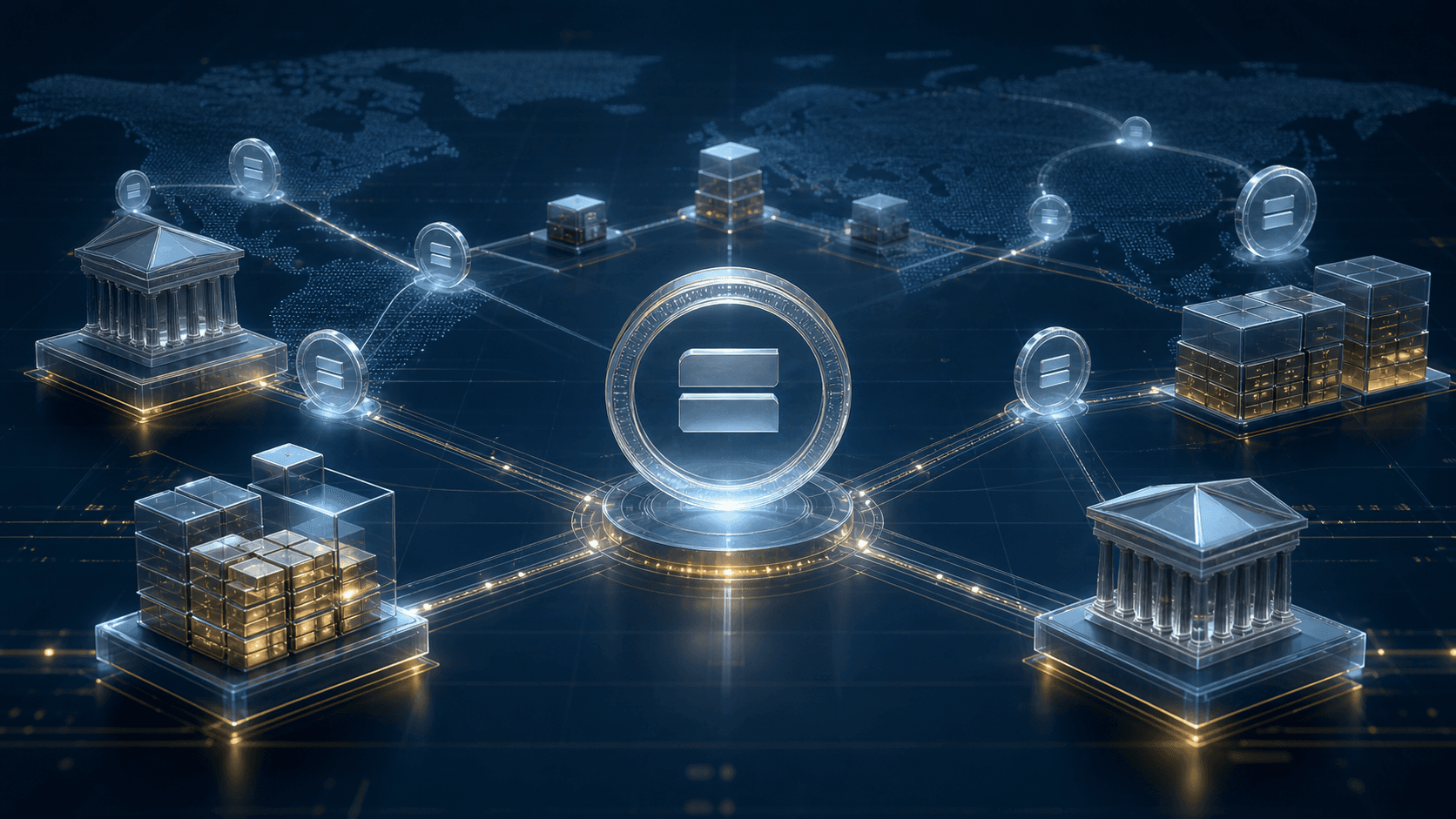 Digital dollar tokens moving through a global payment and reserve network