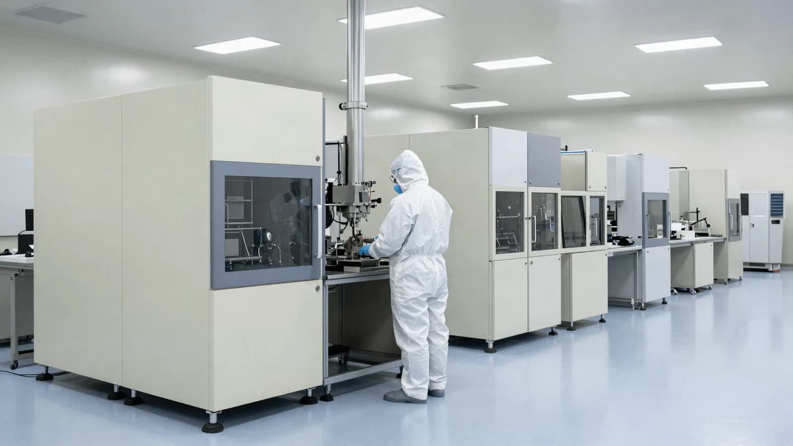 A semiconductor cleanroom with fabrication equipment in rows