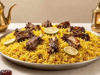 A communal platter of Emirati machboos with dried limes and dates