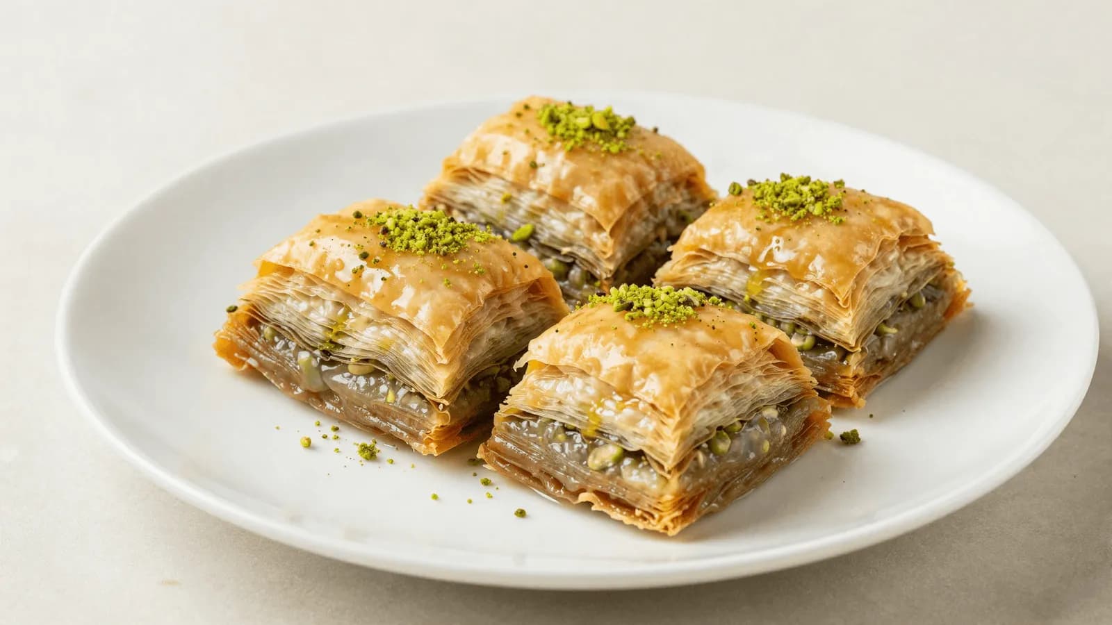 Diamond-cut baklava pieces topped with finely crushed pistachio on a plain serving plate