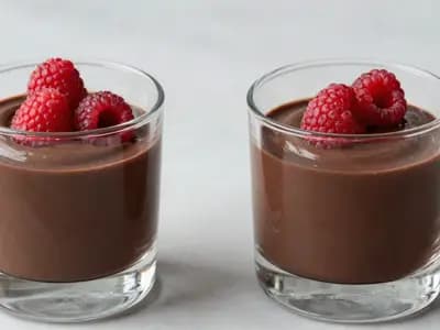 Two glasses of dark chocolate mousse topped with raspberries