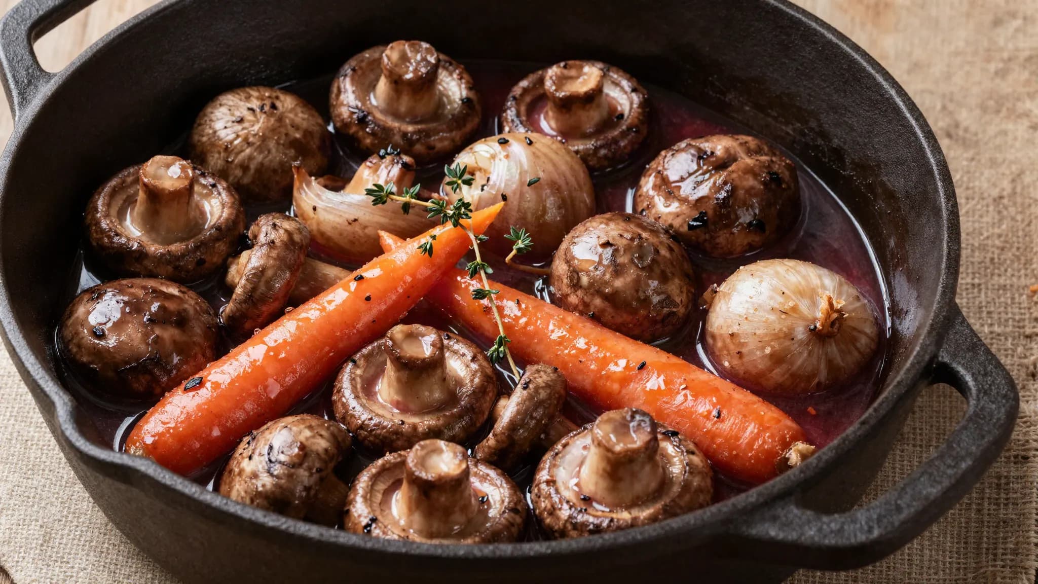 A cast iron pot of mushroom bourguignon in red wine sauce