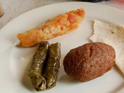 Warak enab grape leaf rolls arranged on a plate with lemony broth