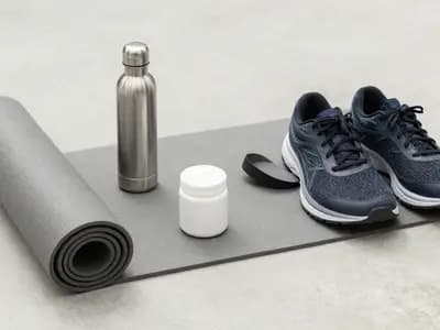 Wellness items arranged on a pale concrete floor