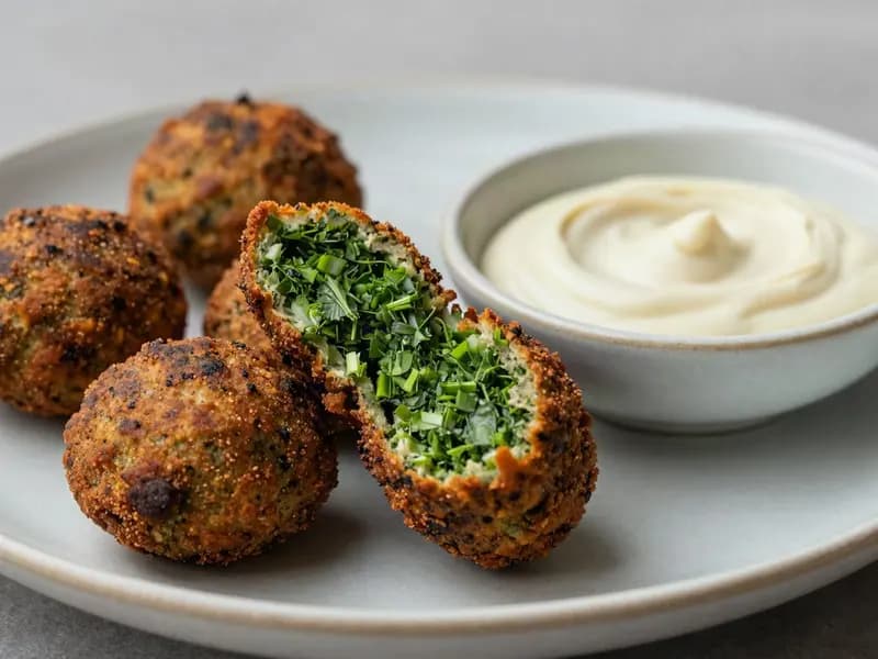 Freshly fried falafel, one broken open to show the green herb flecked interior