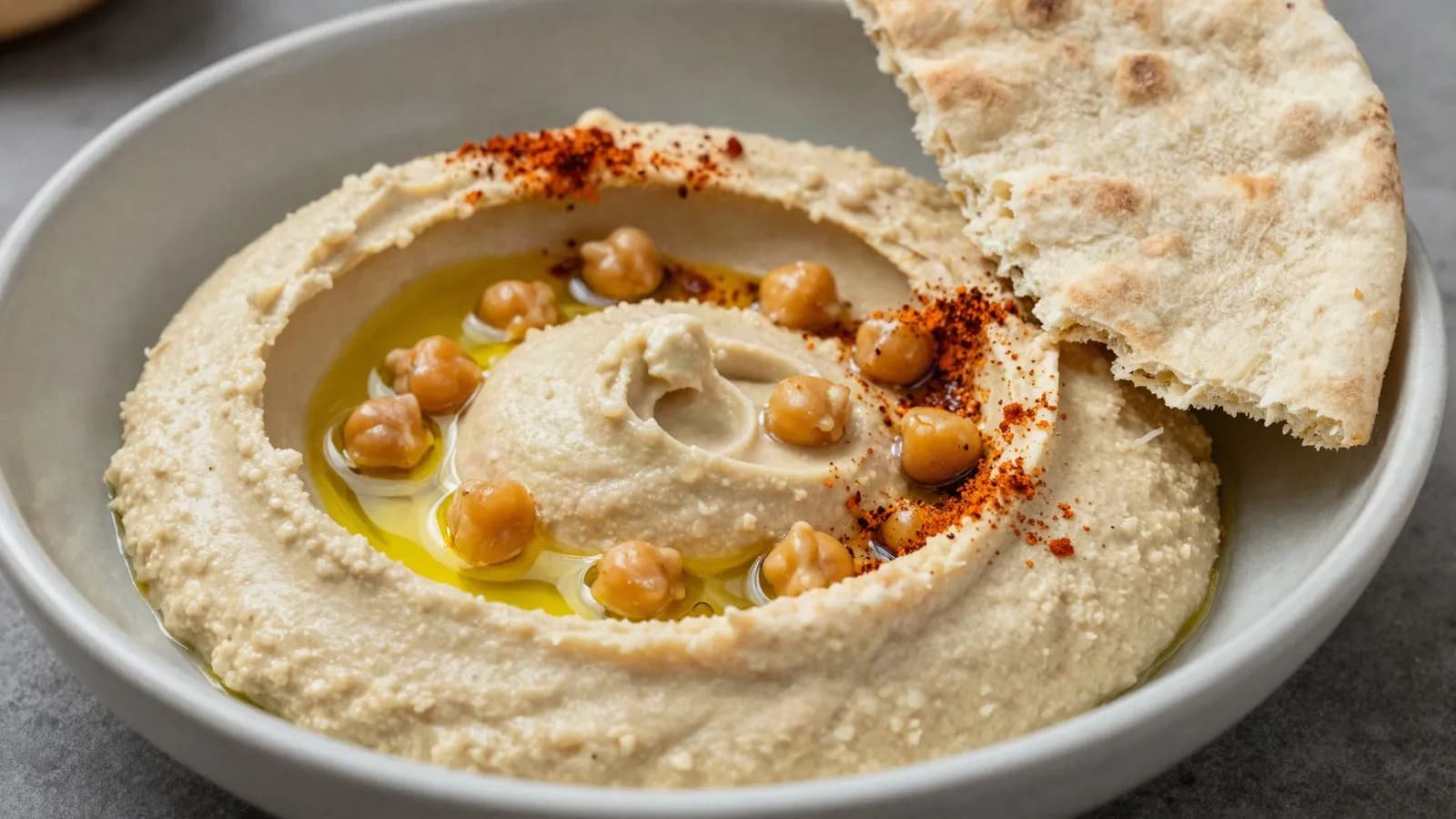 A bowl of hummus swirled with olive oil and topped with whole chickpeas