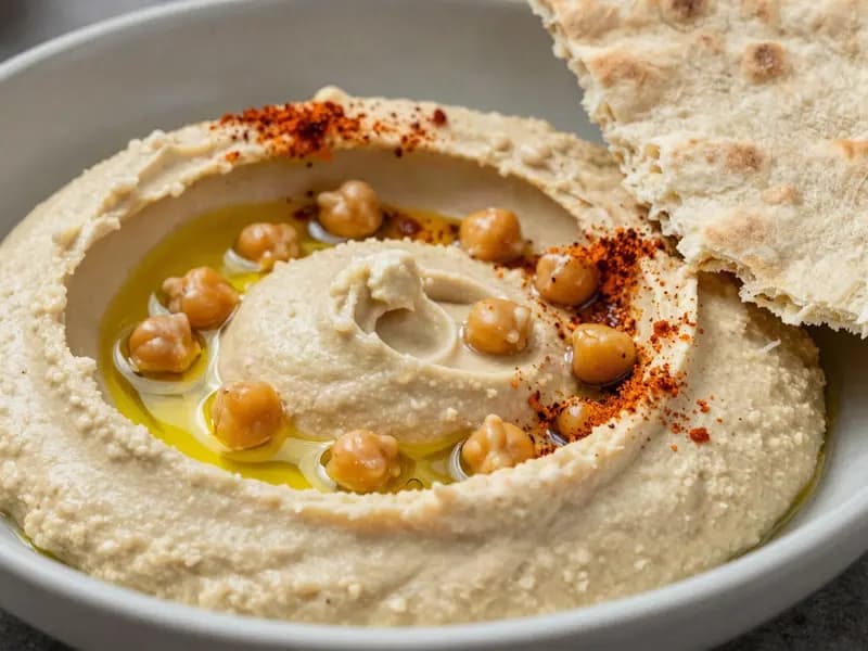 A bowl of hummus swirled with olive oil and topped with whole chickpeas
